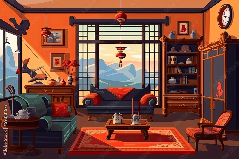 Sticker cozy living room with a large window and furniture. Generative AI