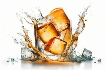 Ice cubes with orange zest pouring into a drink. Isolated on a white background, the godfather or an old fashioned cocktail. Generative AI