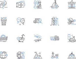 Outdoor leisure outline icons collection. Hiking, Camping, Climbing, Backpacking, Kayaking, Canoeing, Fishing vector and illustration concept set. Swimming, Skating, Surfing linear signs