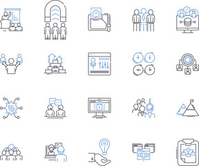 Corporate meetup outline icons collection. Conference, Gatherings, Forum, Networking, Retreat, Social, Meeting vector and illustration concept set. Mentoring, Summit, Exchange linear signs