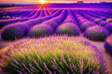 Fototapeta na wymiar A lavender field at sunset. Generative AI