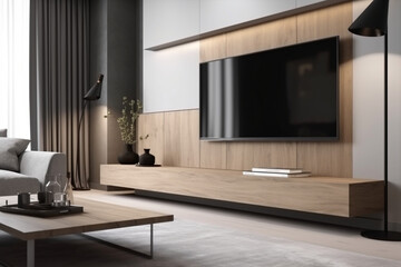 Naklejka na ściany i meble room interior with TV cabinet on white wall mockup, Generative AI
