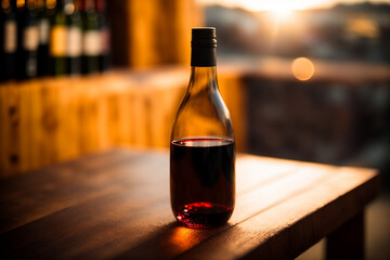 bottle of red wine on a wooden surface. Generative AI