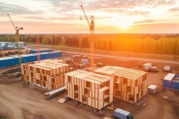a modular home's façade under construction. Generative AI