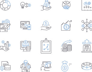 Finance business outline icons collection. Accounting, Taxation, Investment, Banking, Budgeting, Auditing, Loans vector and illustration concept set. Funds, Insolvency, Forex linear signs