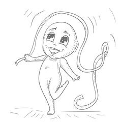 A little funny man Chibi jumps with a ribbon contour vector illustration in the style of a doodle