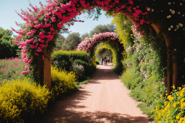 Fototapeta na wymiar Trail under a beautiful arch of flowers and plants. Generative AI