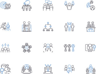 Conference outline icons collection. Meeting, Event, Gathering, Seminar, Summit, Forum, Retreat vector and illustration concept set. Assembly, Symposium, Expo linear signs