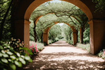 Fototapeta premium Trail under a beautiful arch of flowers and plants. Generative AI