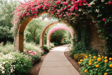 Fototapeta premium Trail under a beautiful arch of flowers and plants. Generative AI