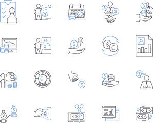Investment office outline icons collection. Investment, Office, Banking, Finance, Securities, Stocks, Share vector and illustration concept set. Equity,Funds,Interest linear signs