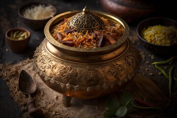 Veg biryani or pulav served in a round brass bowl, selective focus. Generative AI