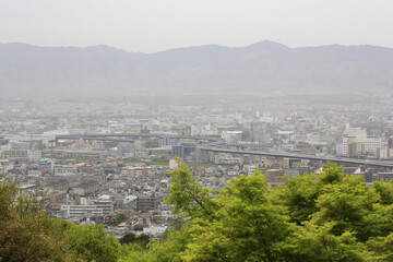 Smog accumulated over Kyoto city in Japan.