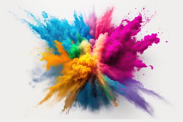 On a white background, an abstract eruption of colourful powder. Bright dust explodes. Holi powder festival with paint. Generative AI