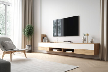 Minimalist living room decor with TV cabinet on white wall, Generative AI