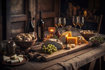 View of a rustic wooden table with various cheeses, wines, baguettes, fruits, and snacks. Scenery for a French tasting party or feast. Arrangement with empty text space. Generative AI