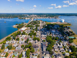 Aerial view of Salem Neck historic district, Danvers River, Beverly Harbor and Essex Bridge...
