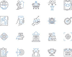 Business goals outline icons collection. strategy, finance, profitability, growth, sales, expansion, targets vector and illustration concept set. objectives, innovation, marketing linear signs