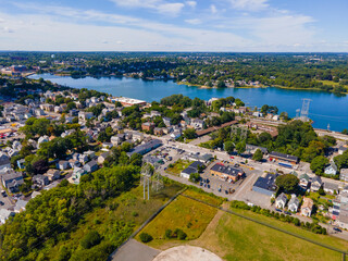 North River and Danvers River aerial view at the river mouth to the Atlantic at Salem Neck historic district in city of Salem, Massachusetts MA, USA. 