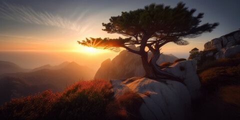 Ancient tree in the rays of dawn on the edge of a high cliff. AI generation