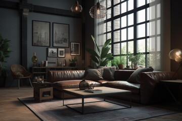 Naklejka na ściany i meble loft living room in an industrial style, Generative AI
