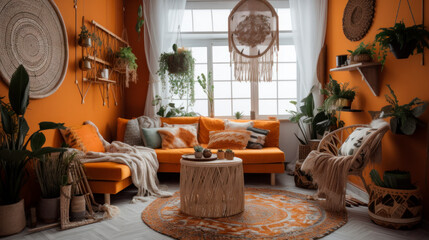 Bohemian style interior design, a warm colored living room. Generative AI