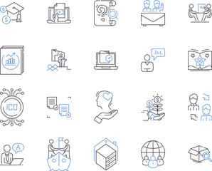 Marketing management outline icons collection. Marketing, Management, Strategy, Planning, Creative, Promotion, Lead-Generation vector and illustration concept set. Research, Analysis, Audience linear