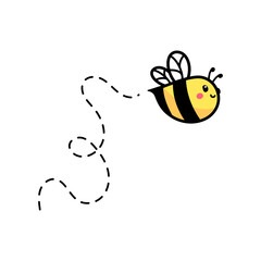 cartoon cute little bee flying on the dotted line to find sweet honey