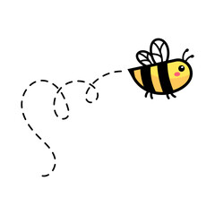 cartoon cute little bee flying on the dotted line to find sweet honey