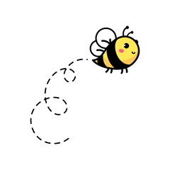 Obraz na płótnie Canvas cartoon cute little bee flying on the dotted line to find sweet honey