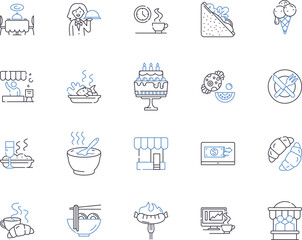 Cafe and bakery outline icons collection. Cafe, Bakery, Coffee, Tea, Cake, Dessert, Pastry vector and illustration concept set. Muffin, Croissant, Cookies linear signs