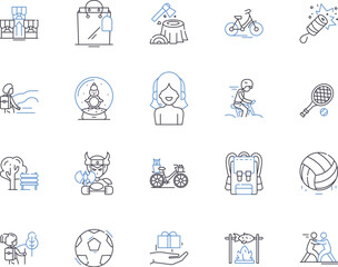 Leisure business outline icons collection. Travel, Tours, Recreation, Outdoors, Holidays, Adventures, Activities vector and illustration concept set. Sports, Gaming, Vacations linear signs