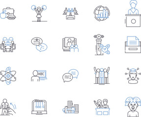 Professional education outline icons collection. Professional, Education, Training, Coaching, Courses, Qualification, Diploma vector and illustration concept set. Certification, Development