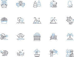 Nature outline icons collection. Nature, Wilderness, Outdoors, Environment, Landscape, Sky, Plants vector and illustration concept set. Trees, Animals, Ecology linear signs