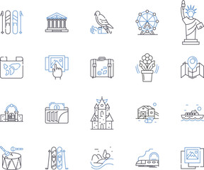 World tour outline icons collection. Travel, Globe, Journey, Circumnavigate, Vacation, Trip, Expedition vector and illustration concept set. Circumvent, Expeditionary, Wander linear signs