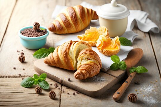 Breakfast food homemade croissant and bakery on a white wood background. Generative AI