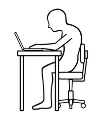 猫背でパソコン作業をする男性のシンプルな線画イラスト