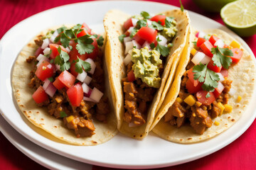 Mexican tacos with meat, guacamole, pico de gallo, and cheese, served on a white plate. Generative AI