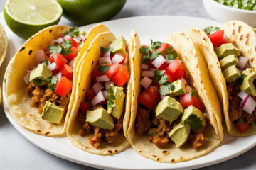 Mexican tacos with meat, guacamole, pico de gallo, and cheese, served on a white plate. Generative AI