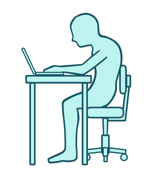 猫背でパソコン作業をする男性のシンプルな線画イラスト、青