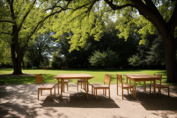 Fototapeta na wymiar Table with chairs in a park. Generative AI