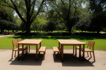 Fototapeta na wymiar Table with chairs in a park. Generative AI