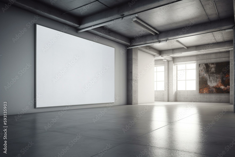 Wall mural perspective view on blank white poster with empty place on grey partition in spacious underground ha