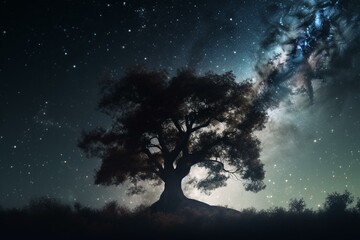 3D tree silhouettes against a space sky with nebula and stars. Generative AI