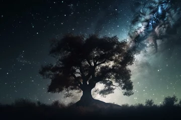 Fototapeten 3D tree silhouettes against a space sky with nebula and stars. Generative AI © Landon