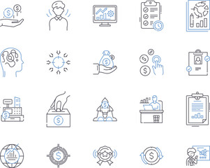 Accounting business outline icons collection. Accounting, Business, Finances, Taxation, Clientele, Records, Profitability vector and illustration concept set. Auditing, Returns, Transactions linear