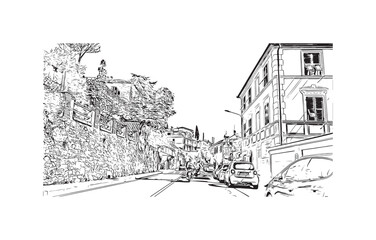 Building view with landmark of  Rapallo is the municipality in Italy. Hand drawn sketch illustration in vector.