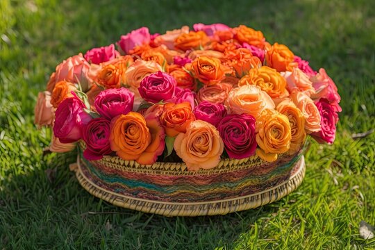 On beautiful garden grass, stunning tea roses are displayed in an upside-down wicker basket. Generative AI