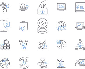 Finance business outline icons collection. Accounting, Taxation, Investment, Banking, Budgeting, Auditing, Loans vector and illustration concept set. Funds, Insolvency, Forex linear signs