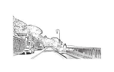 Building view with landmark of  Rapallo is the municipality in Italy. Hand drawn sketch illustration in vector.